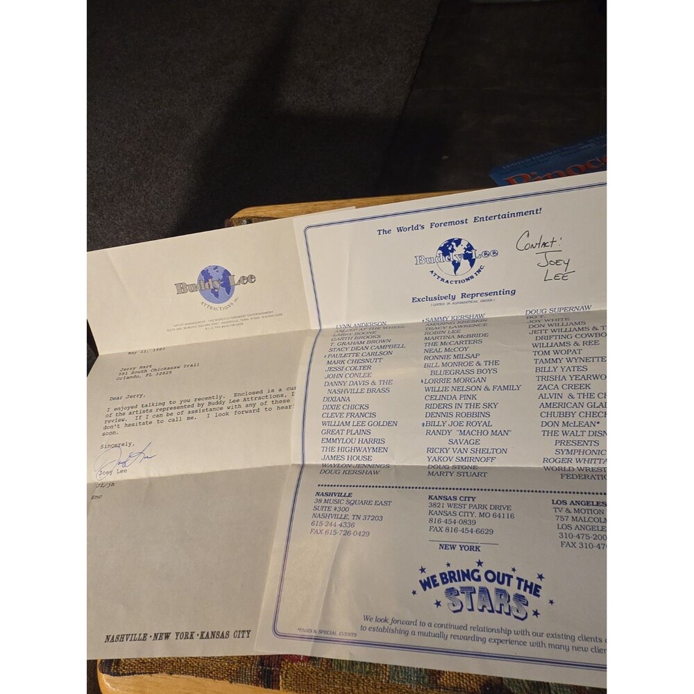 1993 Buddy Lee Attractions List Randy Savage WWF Garth Brooks Disney Nashville